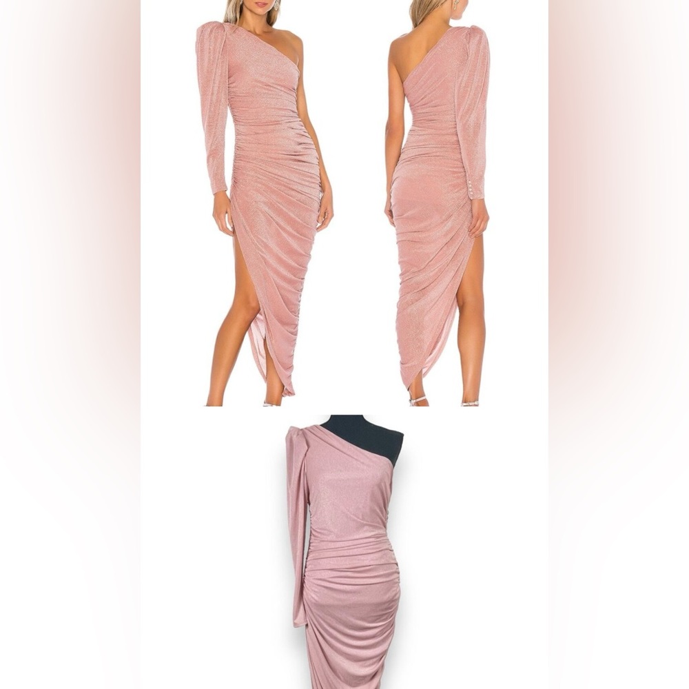 LPA Fitted Long Sleeve One Shoulder Ruched Asymmetric Roksana Dress in Blush